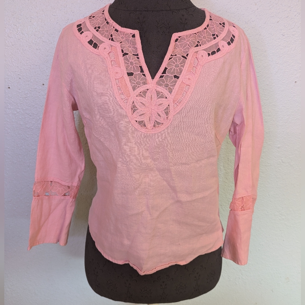 Vintage Pink Linen and Lace Cutwork Blouse
